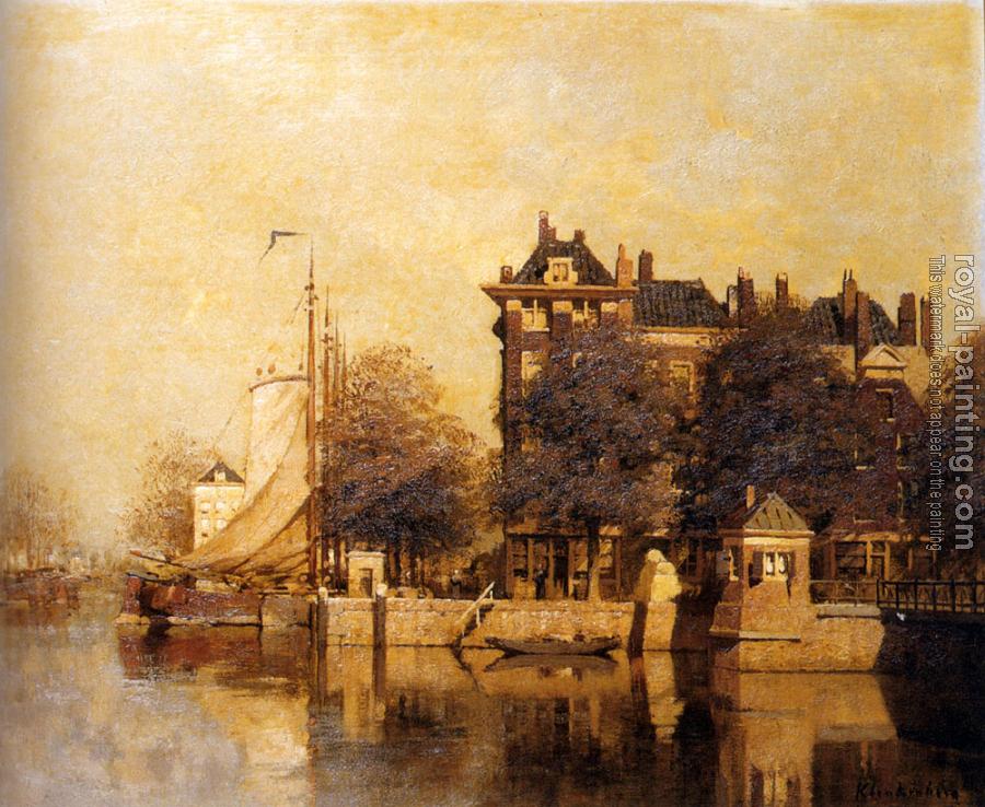 Johannes Christiaan Karel Klinkenberg : Moored Sailing Vessels Along A Quay Amsterdam